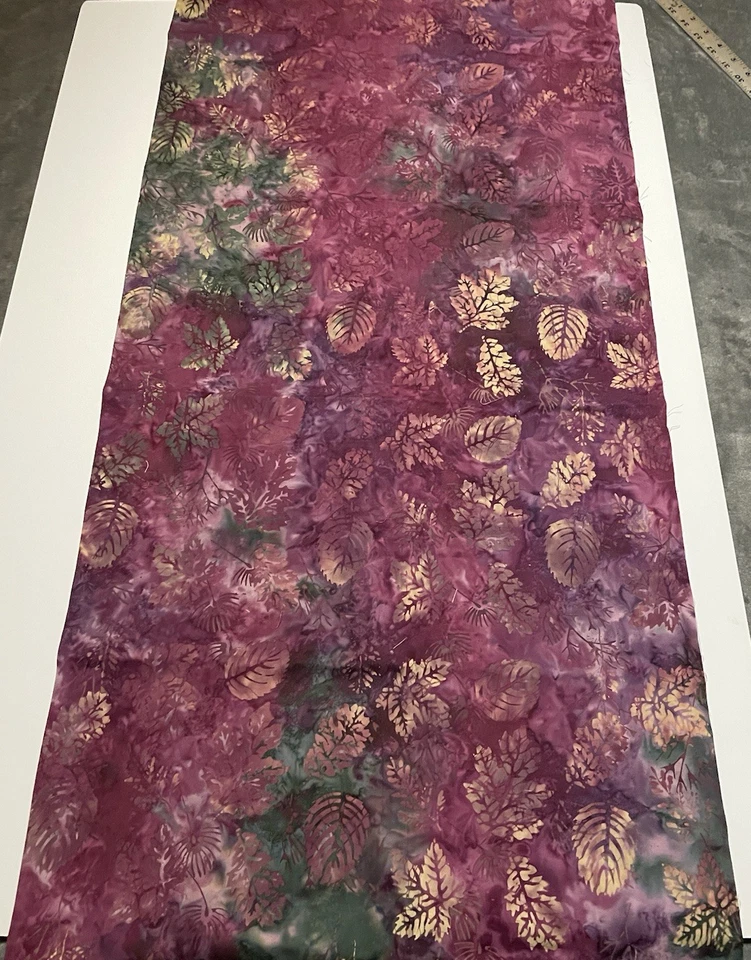 Cotton Tie Dye Design with Leaves Fabric Purple Green Gold 1.35 Yds x 36 Inches - Image 3 of 4