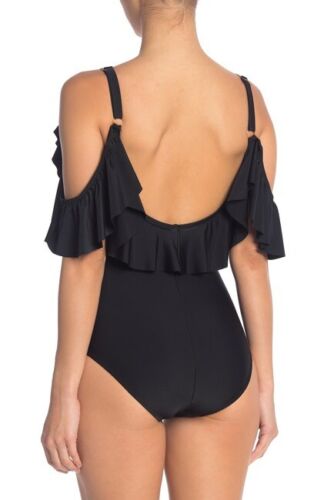 Traje de baño para mujer Nicole Miller 1 pieza hombro frío con volantes en negro talla pequeña S - Imagen 2 de 8