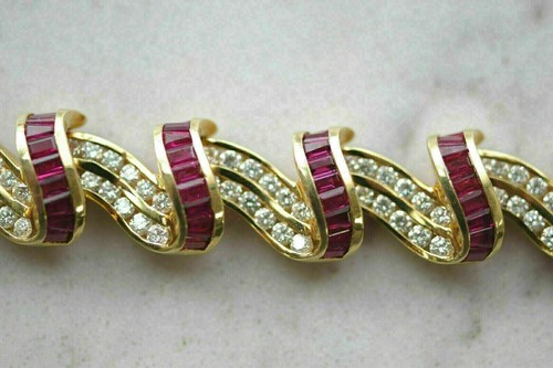Art Deco Style Tennis Bracelet 10Ct Lab Created Red Ruby 14K Yellow Gold Finish - Picture 5 of 5