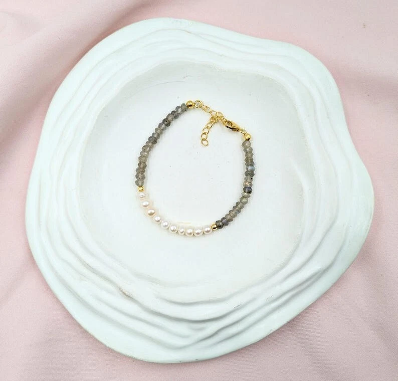 珍珠和拉长石组合多宝石珠情感修复手链 6-8 — 第 2/4 张图片