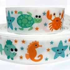 GROSGRAIN RIBBON 5/8",7/8",1.5", 3" Starfish Fish Crabs Sea Horse Ocean Turtle