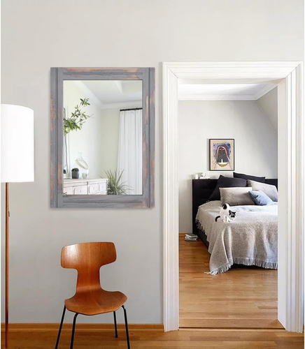 Wood Framed Mirror 26"X18" Rectangular Rustic Wall Mirror Farmhouse Decorative H - Picture 7 of 7