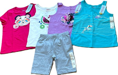 New 5pc Lot Cat & Jack Tee Shirt Tank Tops & Bike Shorts Outfits Size S 6-7 NWT