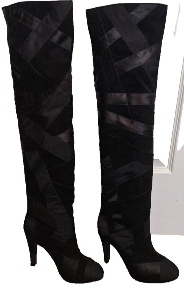 CHANEL Black Suede and Ribbon Patchwork Over The Knee Boots - Size 38 (7) - NEW!