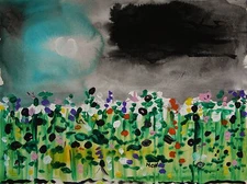 ORIGINAL Landscape Naive Folk Outsider Ink WC Mary Carol art MCW Primitive