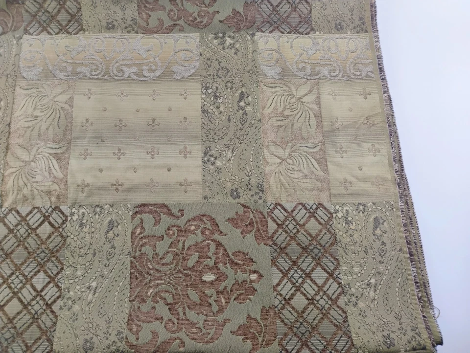 2.5yds Brown Beige Gold Accents Chenille Upholstery Fabric Abstract Filigree 58" - Image 2 of 4