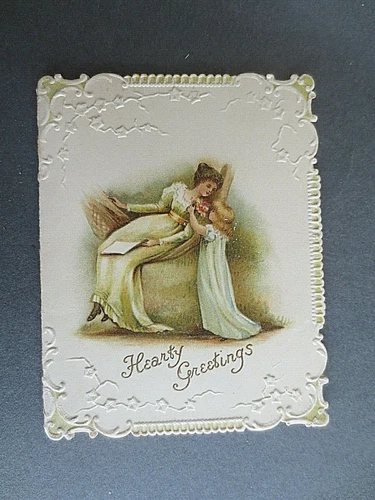Victorian NEW YEAR Card Embossed Diecut Mother & Child Hammock Posy Flowers