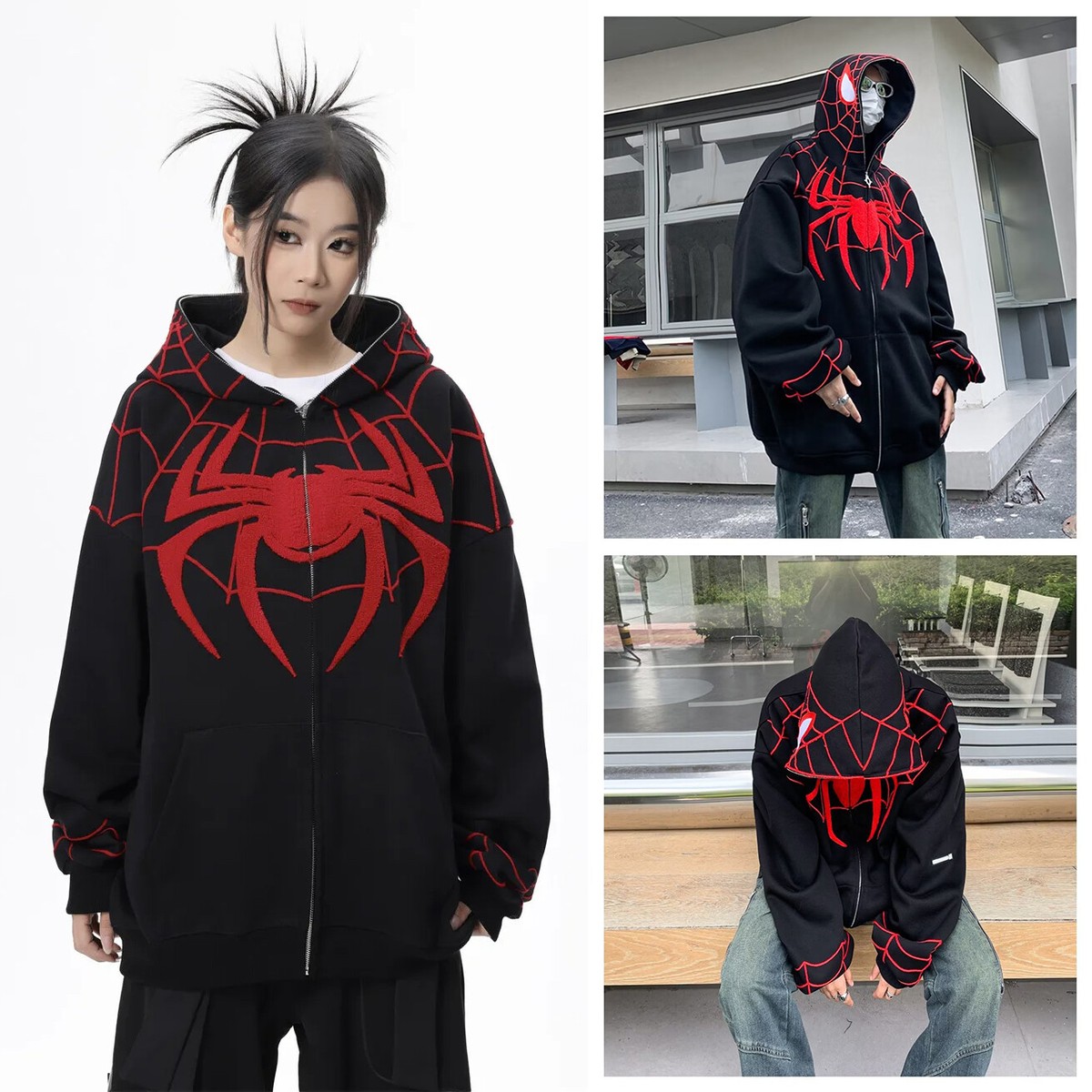 SPIDERMAN スパイダーマン／フルジップ 長袖フリース（ブラック）／刺繍 KaKazzy】スパイダーマン 黒 フルジップ パーカー 男女着用可