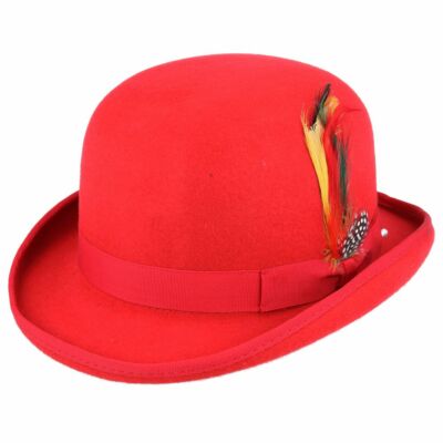 Red Wool Felt Bowler Hat Removable Feather Derby Mens Womens
