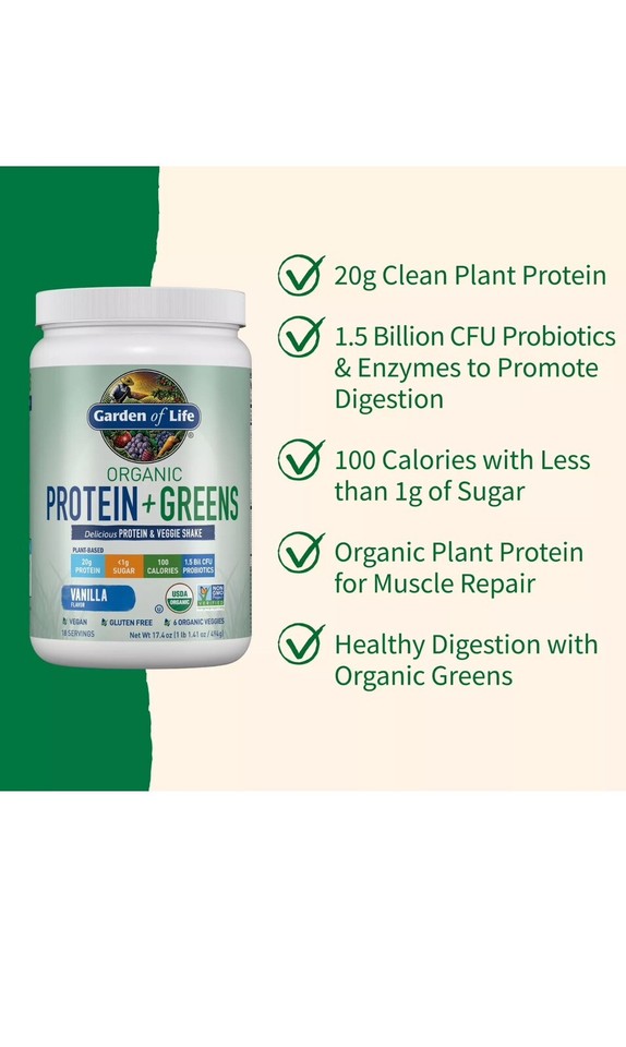 Garden of Life Organic Plant Protein & Greens Powder, Vanilla Shake