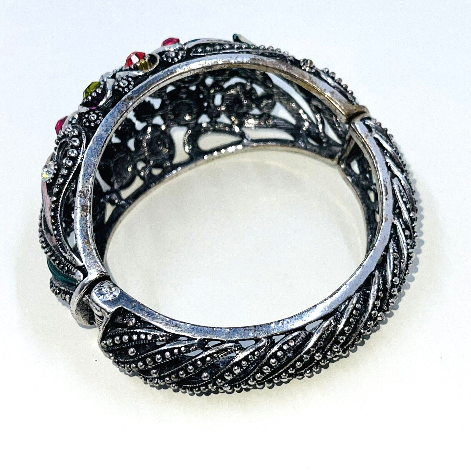 Rhinestone Hinged Bracelet Bangle Silvertone Red … - image 4