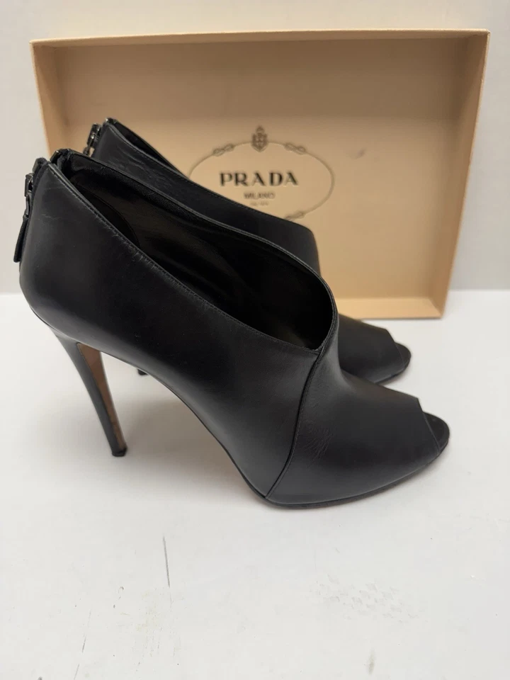 PRADA Black leather Peep Toe Booties Heels Size EU 40 - Image 4 of 4
