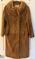Vintage Camel Suede Coat w/ Real Fur Collar Small 60s 70s Button Front Excellent