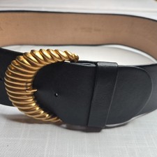Anne Klein Calderon SZ M Black Leather Wide Belt Gold Buckle USA Made 80s 90s