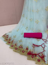 Women's Traditional net embroidery mirror work saree with Unstitched blouse pic