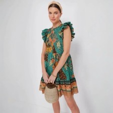 ULLA JOHNSON Hummingbird Etta Ruffle Short Mini Dress Green Size 10 AU / 6 US