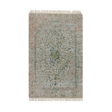 2'x3' Silver-Green Hand Knotted Erased Medallion Design Wool & Silk Mat Rug