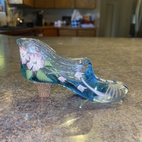 FENTON Light Blue Glass Shoe Hand Painted Flowers - Signed Nancy Fenton S. Combs