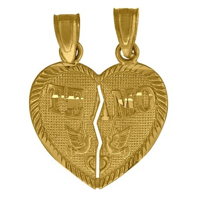 10kt Gelbgold Diamantschliff Unisex Te Amo gebrochenes Herz Charm Anhänger