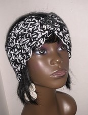Winter Ear Warmer  HeadWrap Crochet Headband Black  White Sparkle Jewel