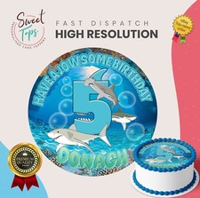 GREAT WHITE SHARK ROUND EDIBLE BIRTHDAY CAKE TOPPER DECORATION PERSONALISED