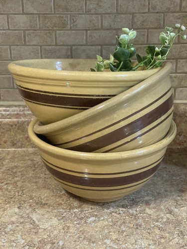 Antique WELLER Striped Primitive Utility Mixing Serving Nesting Pottery Bowl 8"