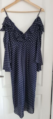 Sheike Dress Size 6 Long Sleeve Polka Dots Navy Blue Midi Cocktail Date - Picture 7 of 10