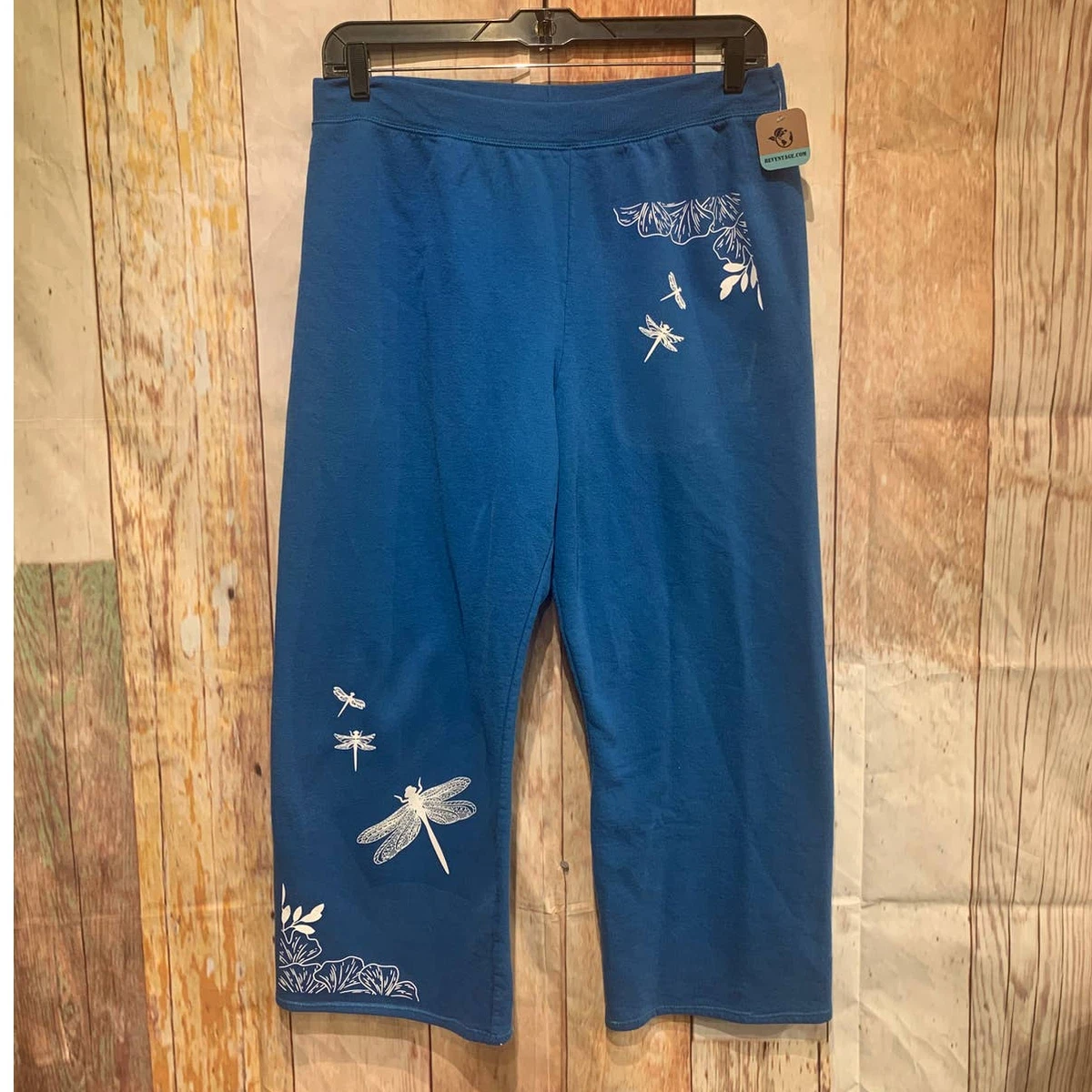 Hand Printed Upcycled XL Dragonfly Long Cotton Blend Yoga Pants Sweatpants