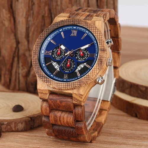 Casual Sandalwood Wood Men's Quartz Wristwatch Chronograph Date Wooden Band Gift - Picture 2 of 18