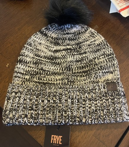 FRYE Marled PomPom Black Marl Beanie 