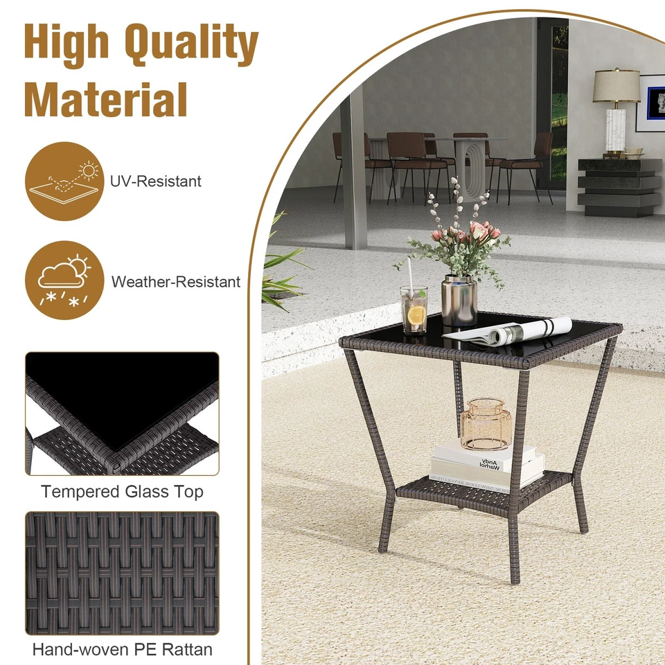 Mesa auxiliar exterior de mimbre PE ratán, tapa de vidrio templado, marrón oscuro Foto 4 de 4