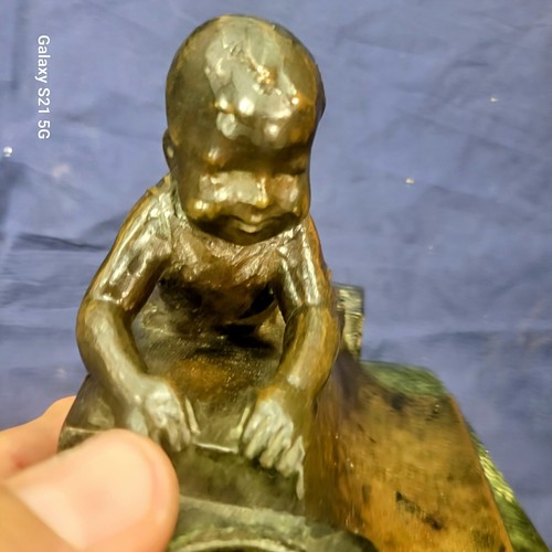 Antique Bronze Armor Works NY Bronze Baby Double Inkwell Sculptor Initials RARE - Picture 9 of 17