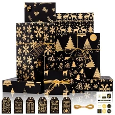  Christmas Wrapping Paper Set, Metallic and Gold Holiday Gift Wrapping Black