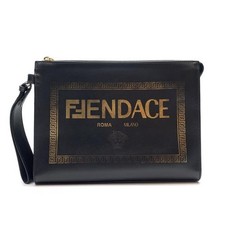 FENDI Versace Fenderce Collaboration Clutch Bag Leather Black Gold 1A04578