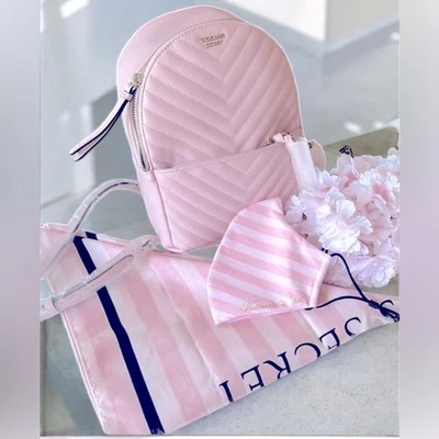 Victoria's Secret Blush Pink Combo Quilted Backpack Scarf And Mask - Image 1 of 4