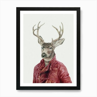 Hirsch in roter Jacke Kunstdruck gerahmt Wandbild Poster Leinwanddruck Bild