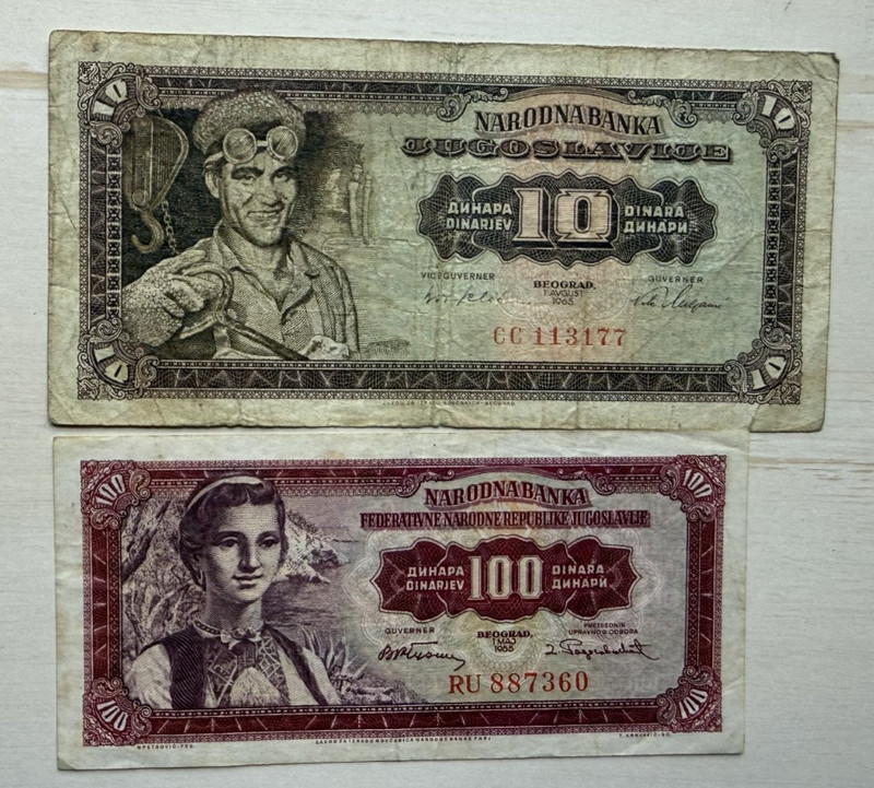 YUGOSLAVIA   2 NOTES 10 DINARA   100 DINARA 1965  COMBINE SHIPPING