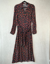 Zara Shirt Maxi Dress UK 14  Floral Button Front Tie Waist  Black Red Flowers