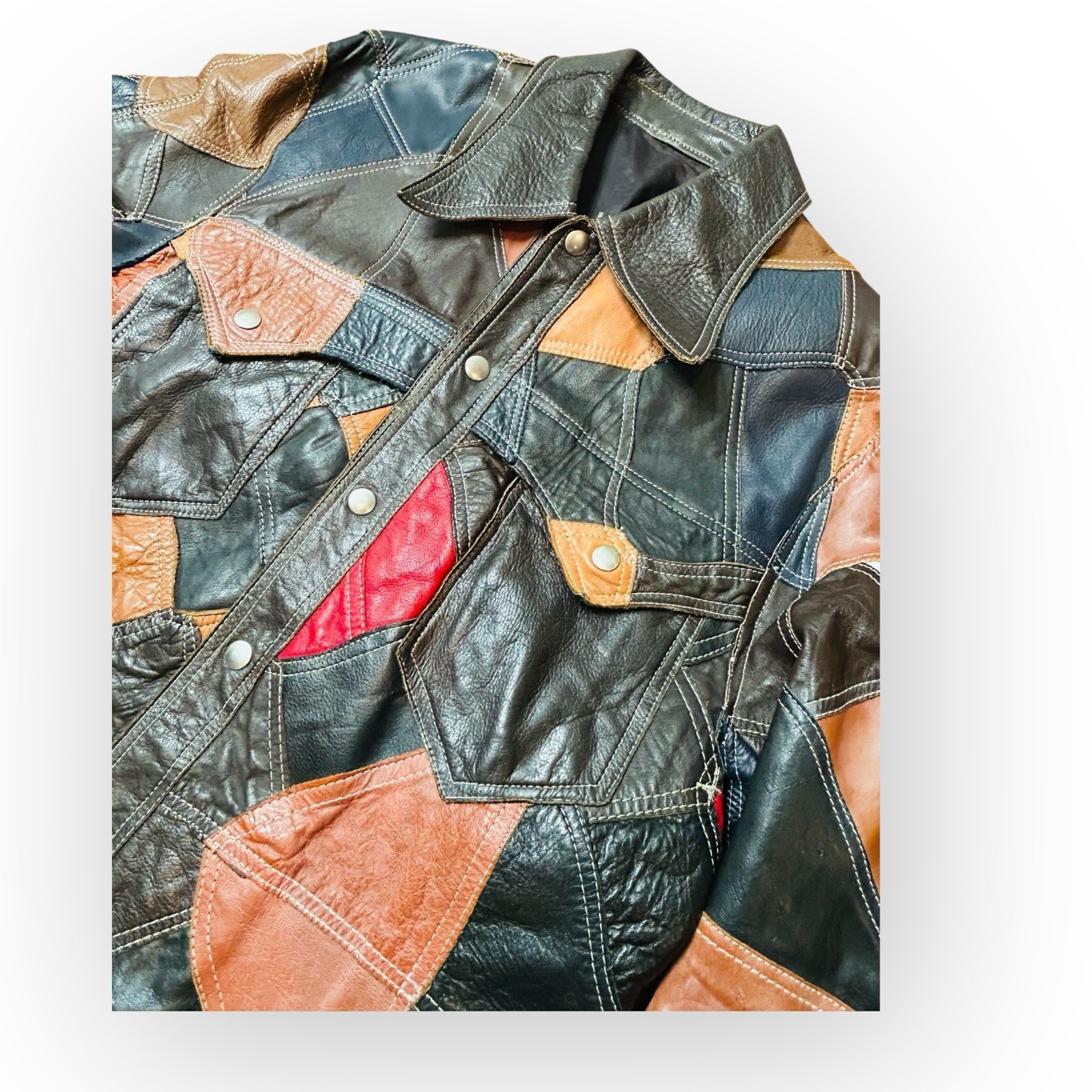 VTG 70s Patchwork Leather Jacket Blazer Coat For … - image 6