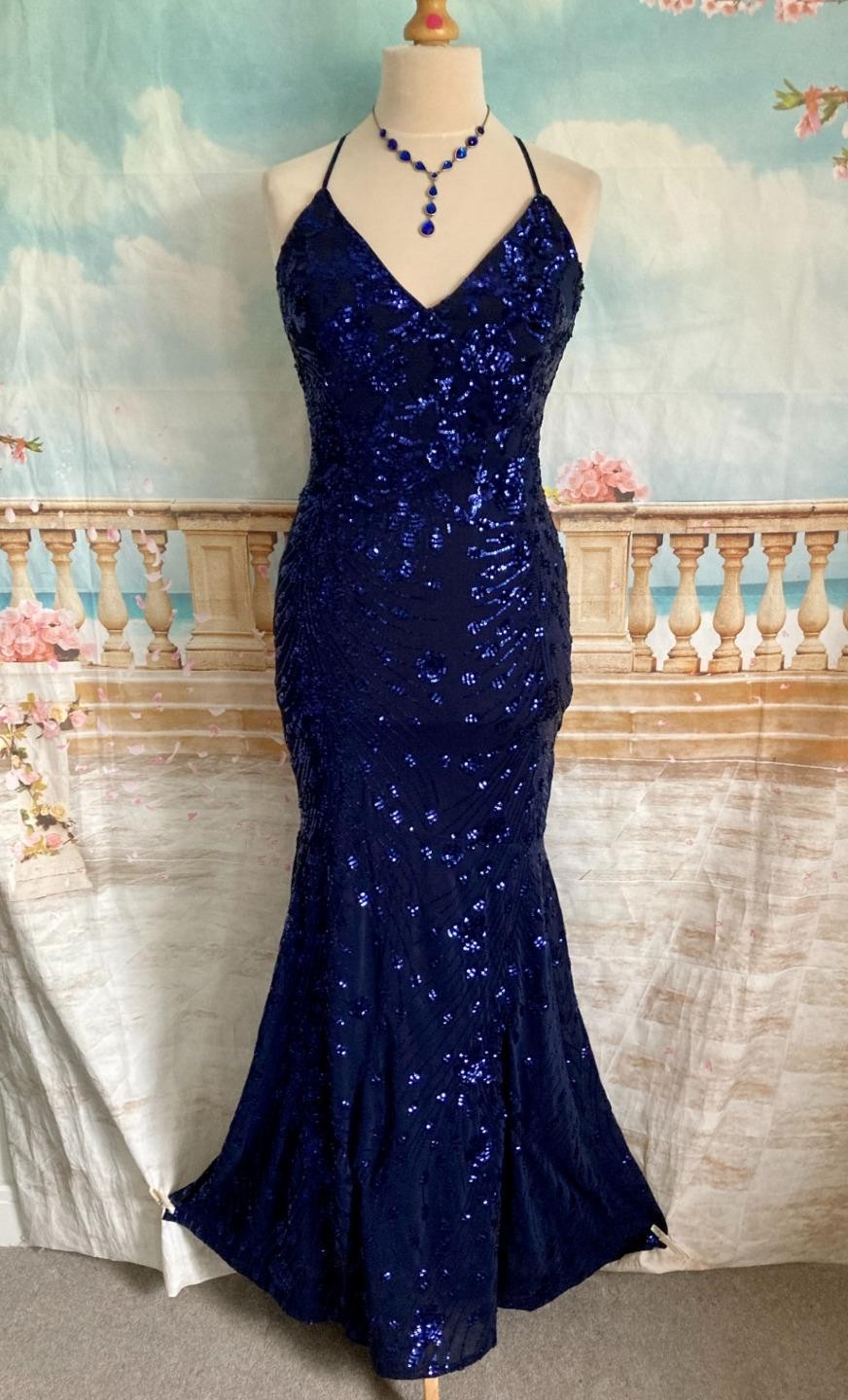 Evening Dress 14 Navy Blue Sequin Fishtail NEW Crossback Fishtail Train Quiz