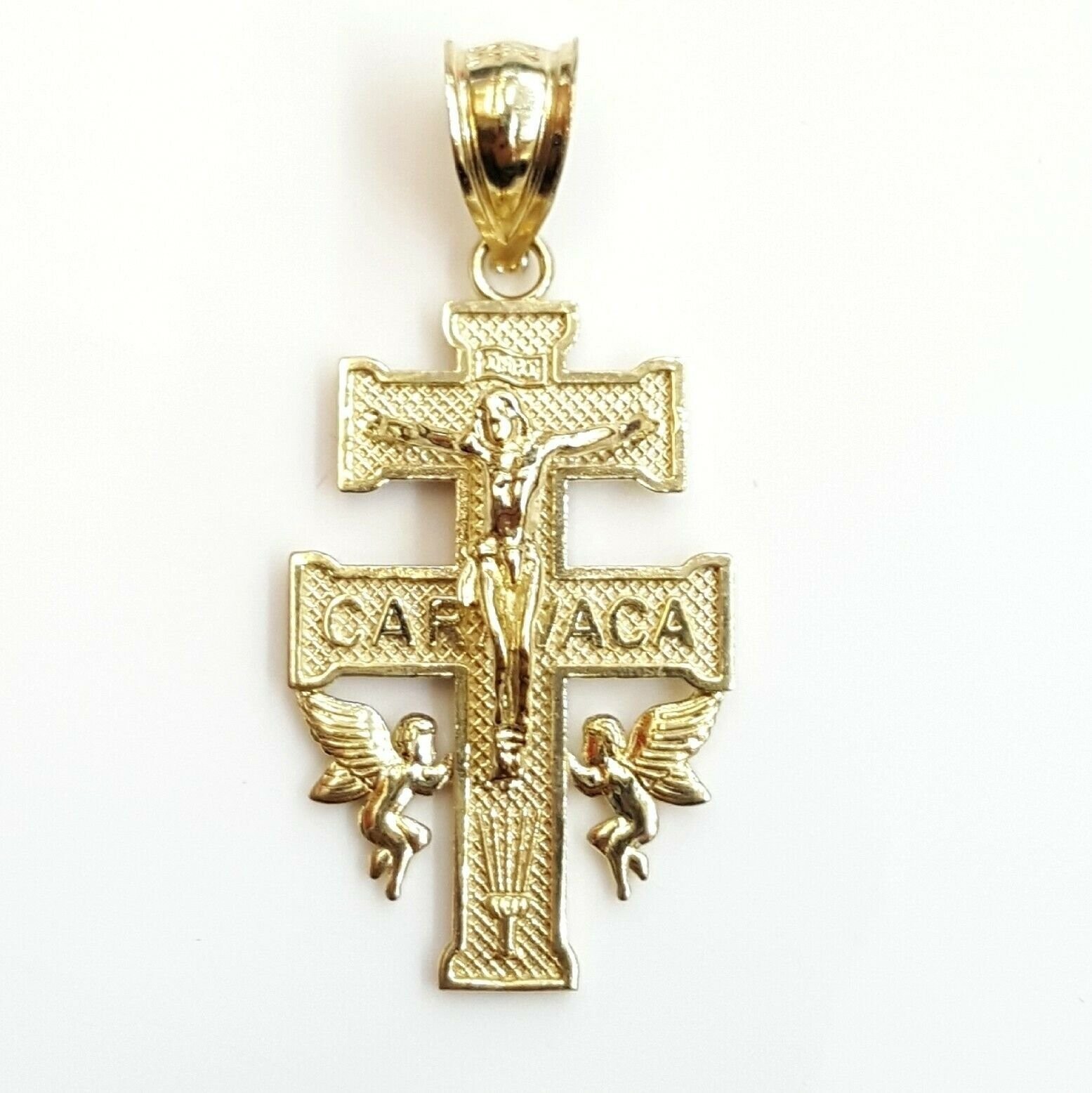 New 10k Yellow gold Caravaca double cross with angel crucifix Jesus pendant 2.4g