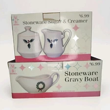 Merry Brite 2003 Holiday Home White Cream Stoneware Gravy Boat, Creamer & Sugar