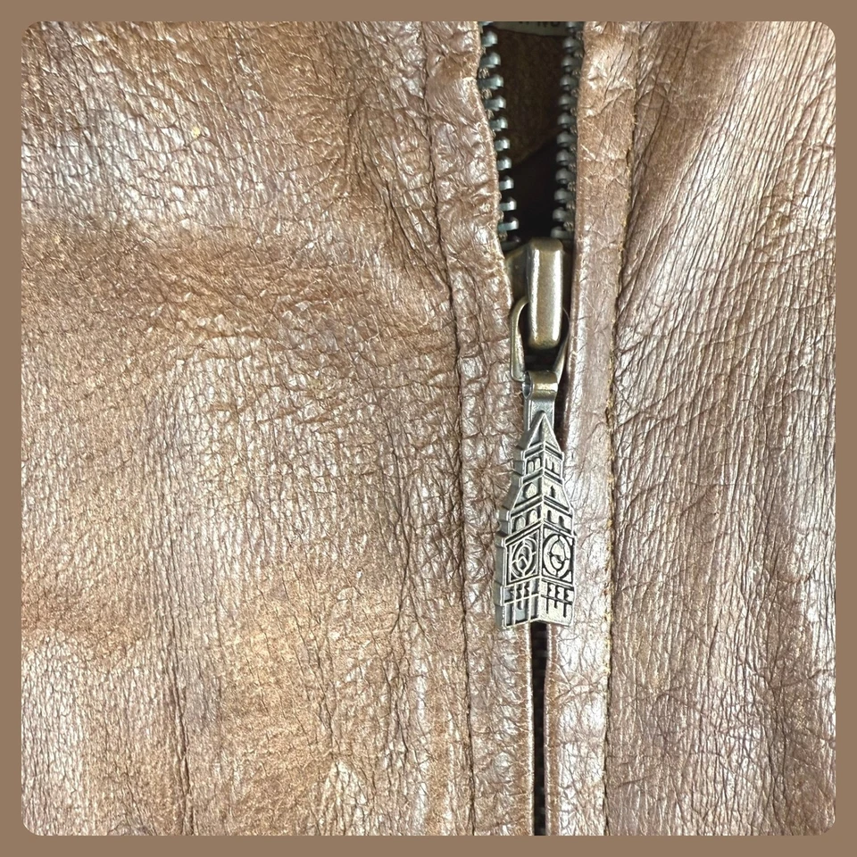 Chaqueta de aviador bombardero de cuero marrón niebla London Big Ben cremallera L aviador Foto 3 de 4