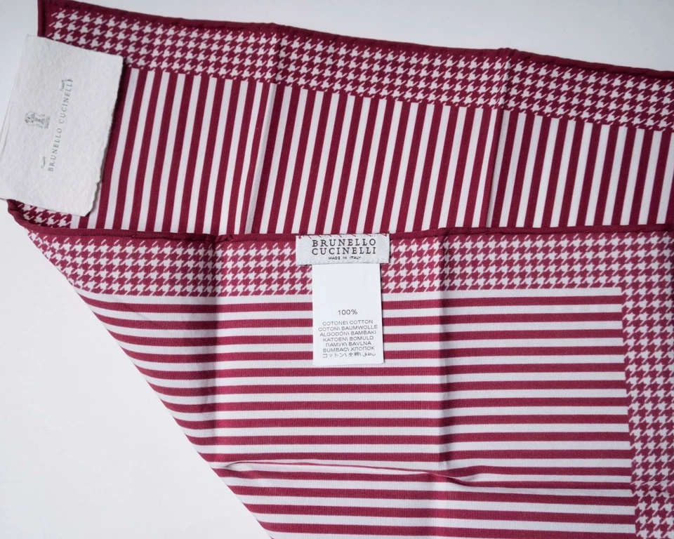 Brunello Cucinelli $195 Nuevo con Etiquetas Algodón Bolsillo Cuadrado Rojo Blanco Rayas Pata de Gallo Foto 4 de 4