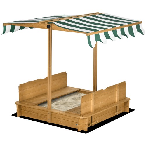Wooden Kids Sandbox with Cover, Foldable Bench Seats, Adjustable Canopy, Brown - Picture 3 of 11
