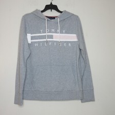 NWT Tommy Hilfiger Women's Pullover Logo Front Pink/Gray Hoodie M B13