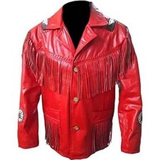 Mens Western Wear Suede Leather Cowboy Fringe Shirt Style  American Red Jacket