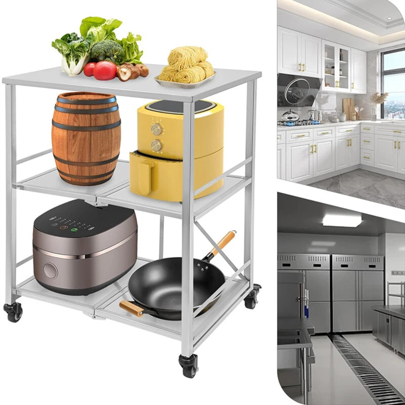 Edelstahl Küchenregal auf Rollen Servierwagen mit 3 Ebenen Küchenwagen Faltbar - Bild 2 von 4