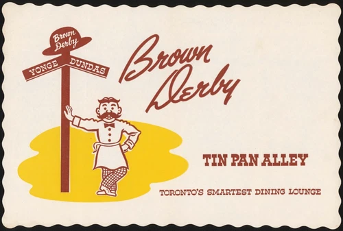 Vintage placemat BROWN DERBY Tin Pan Alley man and street sign Toronto Ontario
