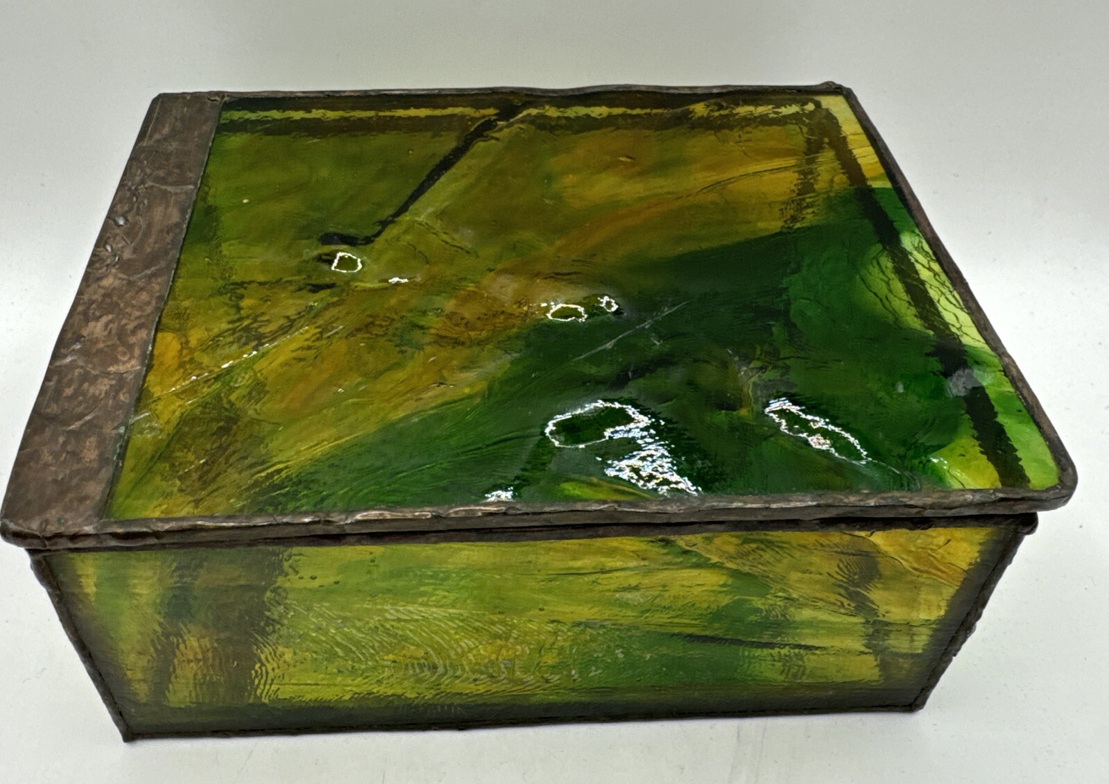 Vintage slag Stain glass mirror jewelry box Trinket Green Yellow Orange
